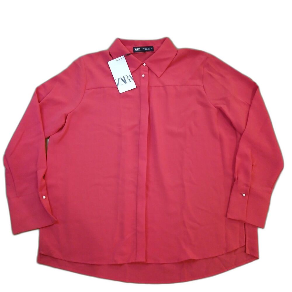 NWT Zara Pink Pearl Button Up Blouse Womens Large Flowy Collared